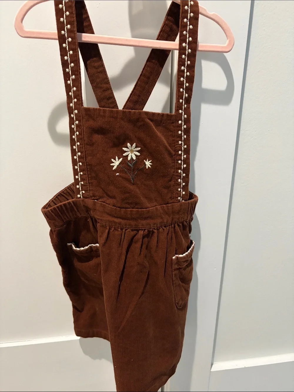 Zara Brown Corduroy Pinafore Dress with White Floral Embroidery